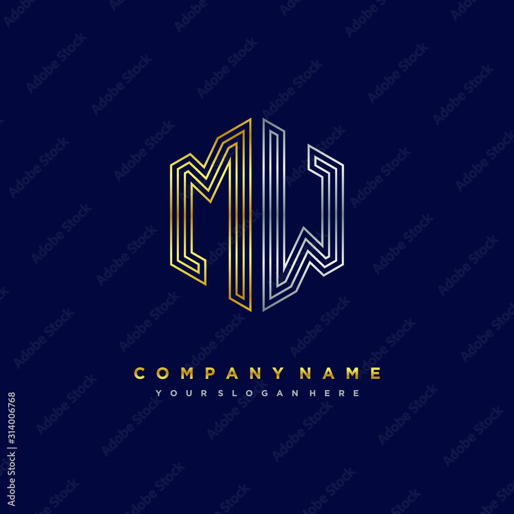 Initial letter MW, minimalist line art monogram hexagon logo, gold and silver color gradation Initial letter MW, minimalist line art monogram hexagon logo, gold and silver color gradation