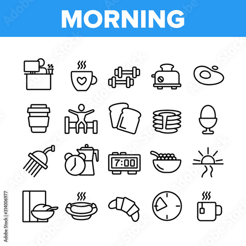 Morning Food And Tools Collection Icons Set Vector Thin Line. Morning Coffee Cup And Breakfast, Douche And Working Place, Sunrise And Clock Concept Linear Pictograms. Monochrome Contour Illustrations
