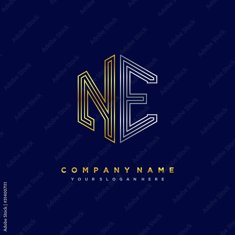 Initial letter NE, minimalist line art monogram hexagon logo, gold and silver color gradation Initial letter NE, minimalist line art monogram hexagon logo, gold and silver color gradation