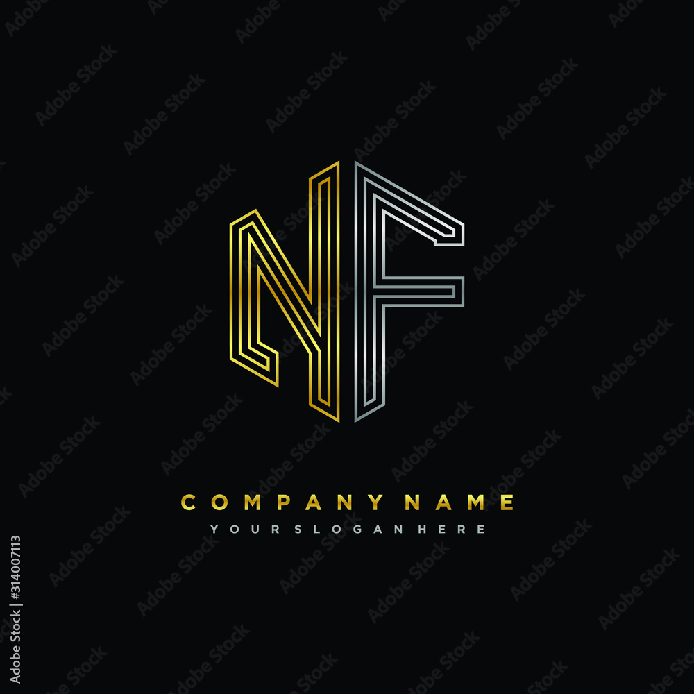 Initial letter NF, minimalist line art monogram hexagon logo, gold and silver color gradation