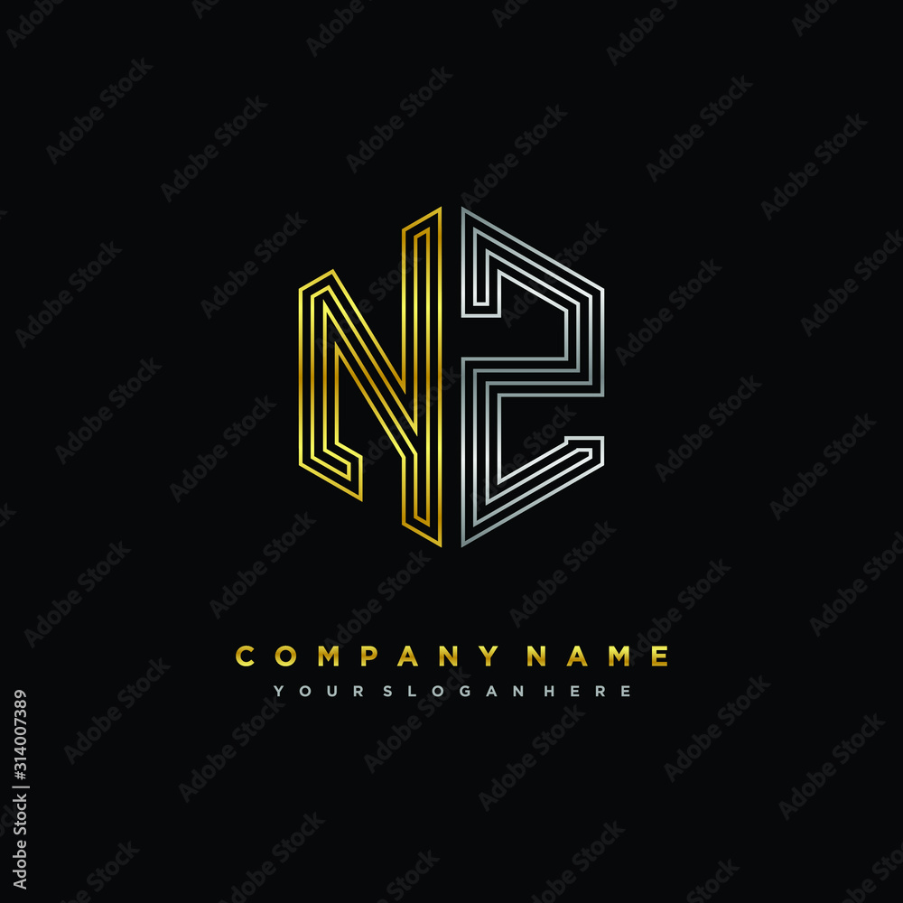 Initial letter NZ, minimalist line art monogram hexagon logo, gold and silver color gradation Initial letter NZ, minimalist line art monogram hexagon logo, gold and silver color gradation