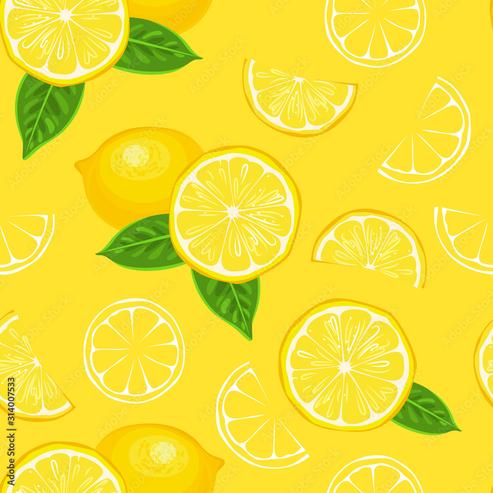 Fresh lemon fruit seamless pattern. Whole lemons, slices and green leaves on yellow background. Vector illustration of citrus in cartoon flat style and outline.