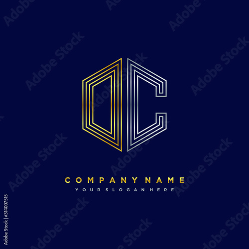 Initial letter OC, minimalist line art monogram hexagon logo, gold and silver color gradation