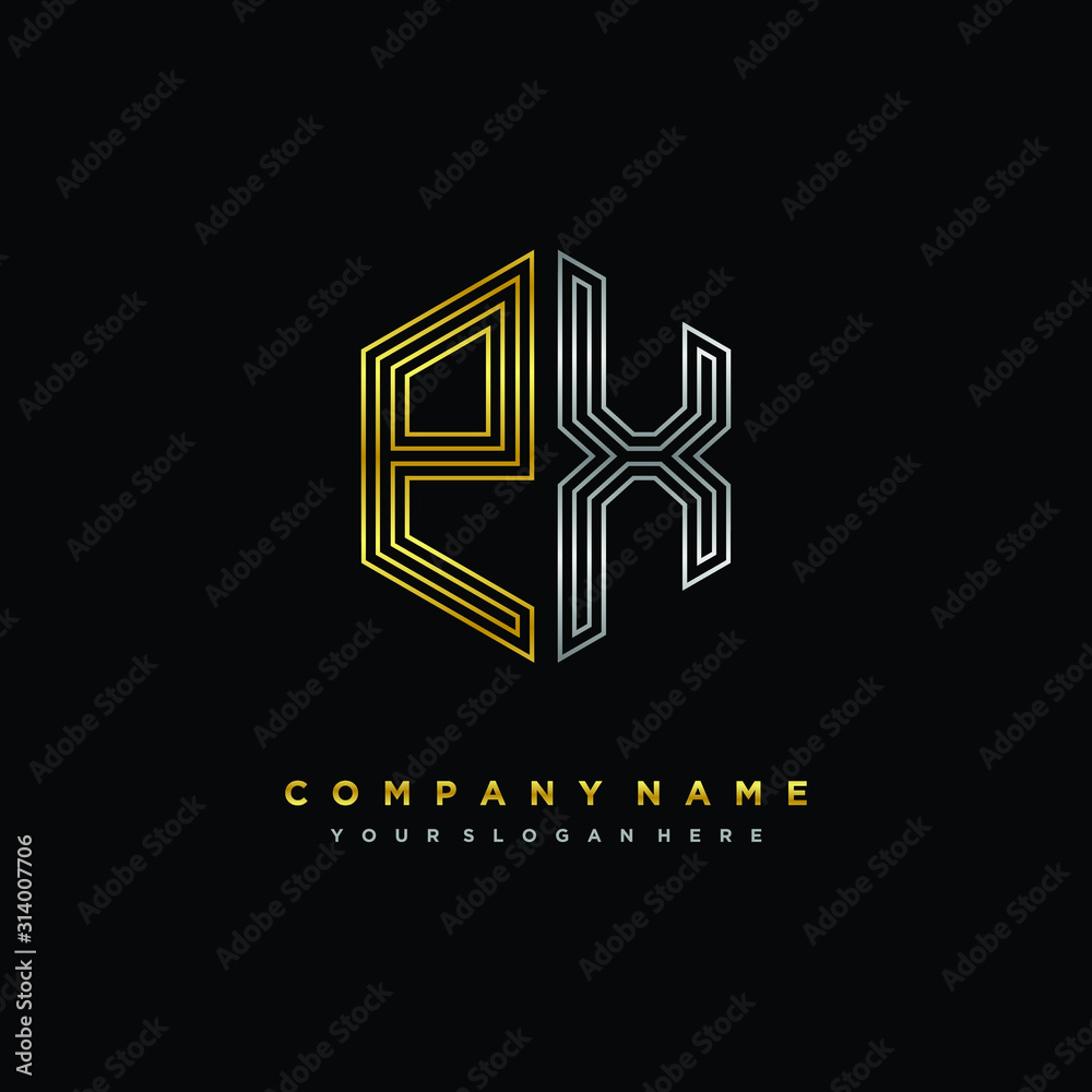 Initial letter PX, minimalist line art monogram hexagon logo, gold and silver color gradation Initial letter PX, minimalist line art monogram hexagon logo, gold and silver color gradation