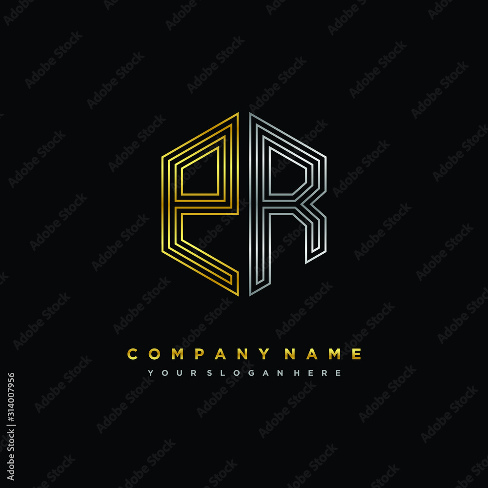 Initial letter PR, minimalist line art monogram hexagon logo, gold and silver color gradation Initial letter PR, minimalist line art monogram hexagon logo, gold and silver color gradation