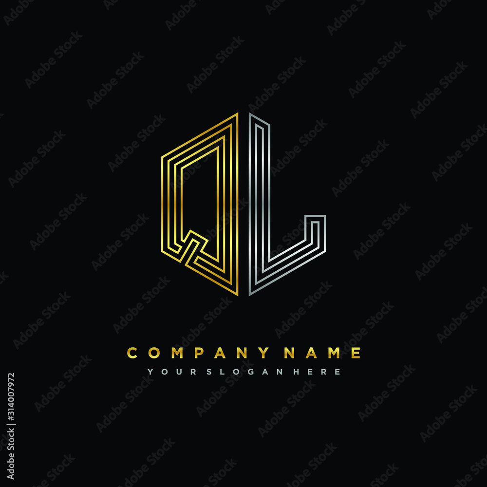 Initial letter QL, minimalist line art monogram hexagon logo, gold and silver color gradation Initial letter QL, minimalist line art monogram hexagon logo, gold and silver color gradation