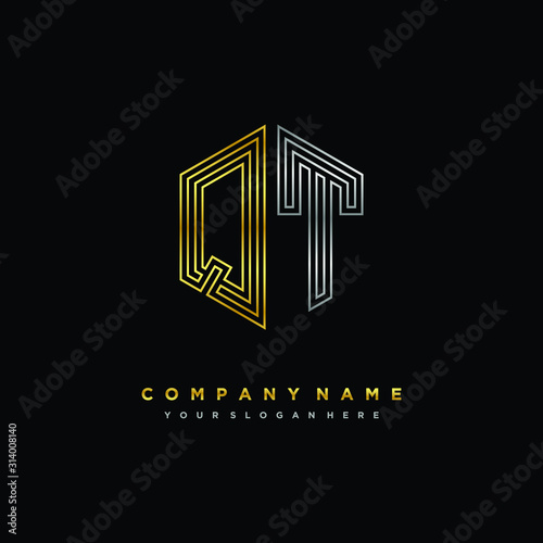 Initial letter QT, minimalist line art monogram hexagon logo, gold and silver color gradation