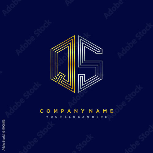 Initial letter QS, minimalist line art monogram hexagon logo, gold and silver color gradation