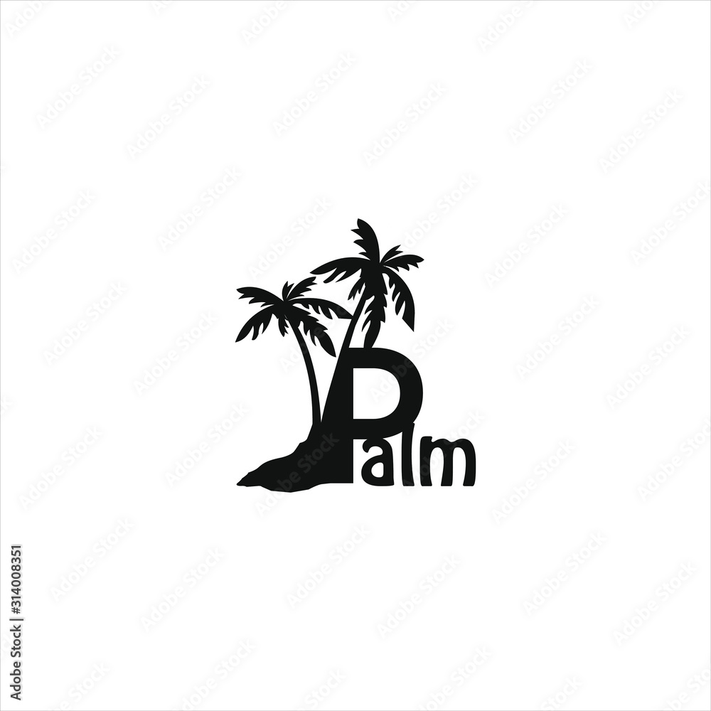 Silhouette and illustration palm tree with letter P and black color logo design, vector , stock image