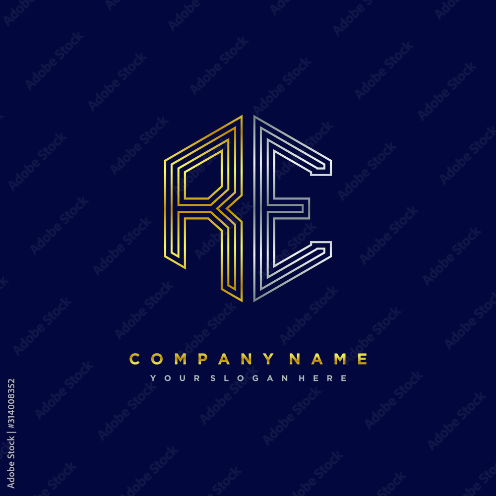 Initial letter RE, minimalist line art monogram hexagon logo, gold and silver color gradation Initial letter RE, minimalist line art monogram hexagon logo, gold and silver color gradation
