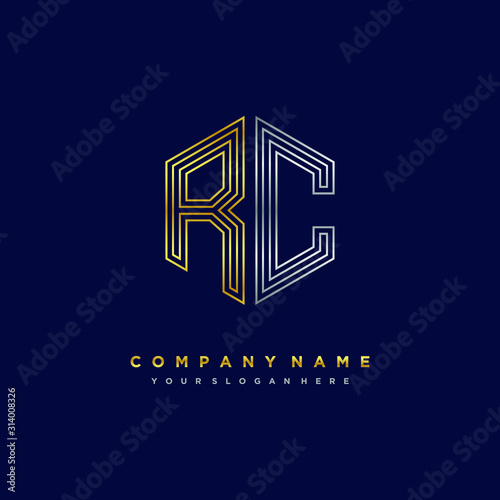 Initial letter RC, minimalist line art monogram hexagon logo, gold and silver color gradation
