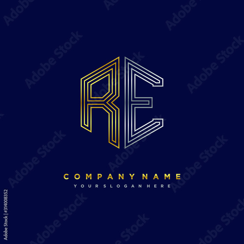 Initial letter RE, minimalist line art monogram hexagon logo, gold and silver color gradation