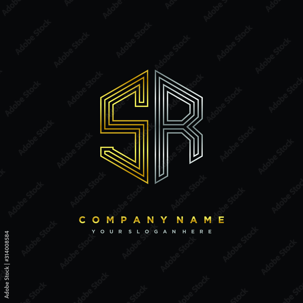 Initial letter SR, minimalist line art monogram hexagon logo, gold and silver color gradation