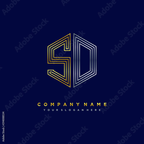 Initial letter O, minimalist line art monogram hexagon logo, gold and silver color gradation