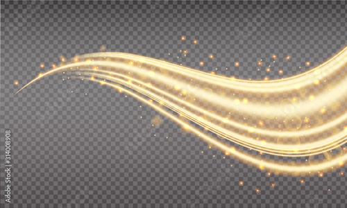 Golden swoosh, magic wave. Gold trail isolated on transparent background. Luminescent waved trail with bright bokeh and sparkles. Swoosh with stradust. photo