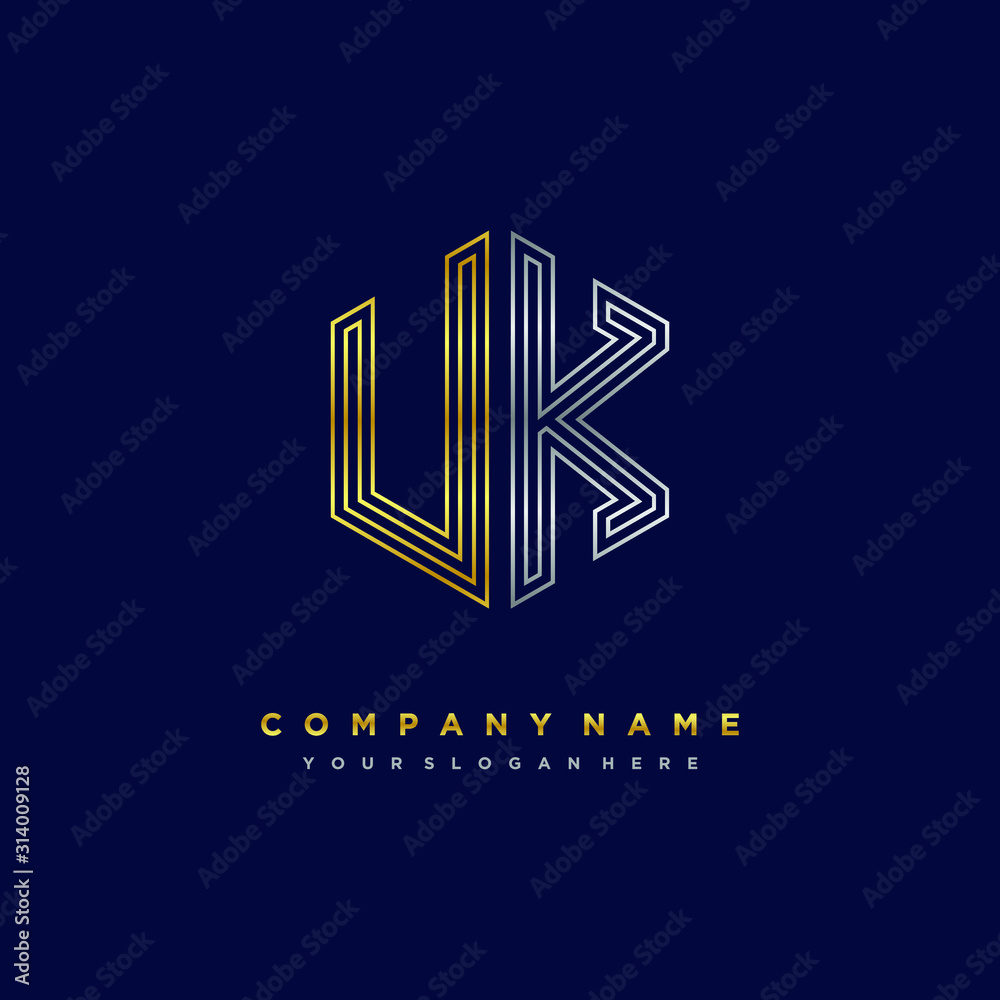 Initial letter UK, minimalist line art monogram hexagon logo, gold and silver color gradation Initial letter UK, minimalist line art monogram hexagon logo, gold and silver color gradation
