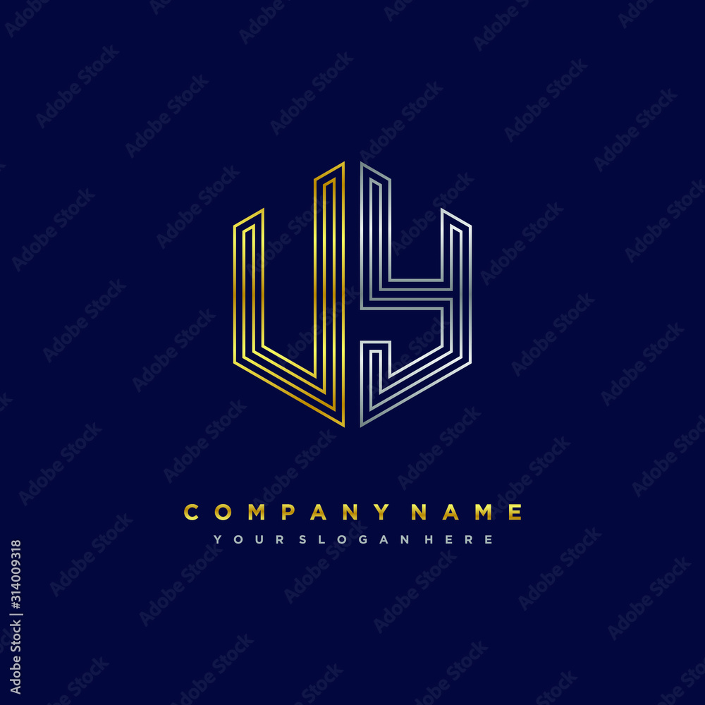 Initial letter UY, minimalist line art monogram hexagon logo, gold and silver color gradation Initial letter UY, minimalist line art monogram hexagon logo, gold and silver color gradation