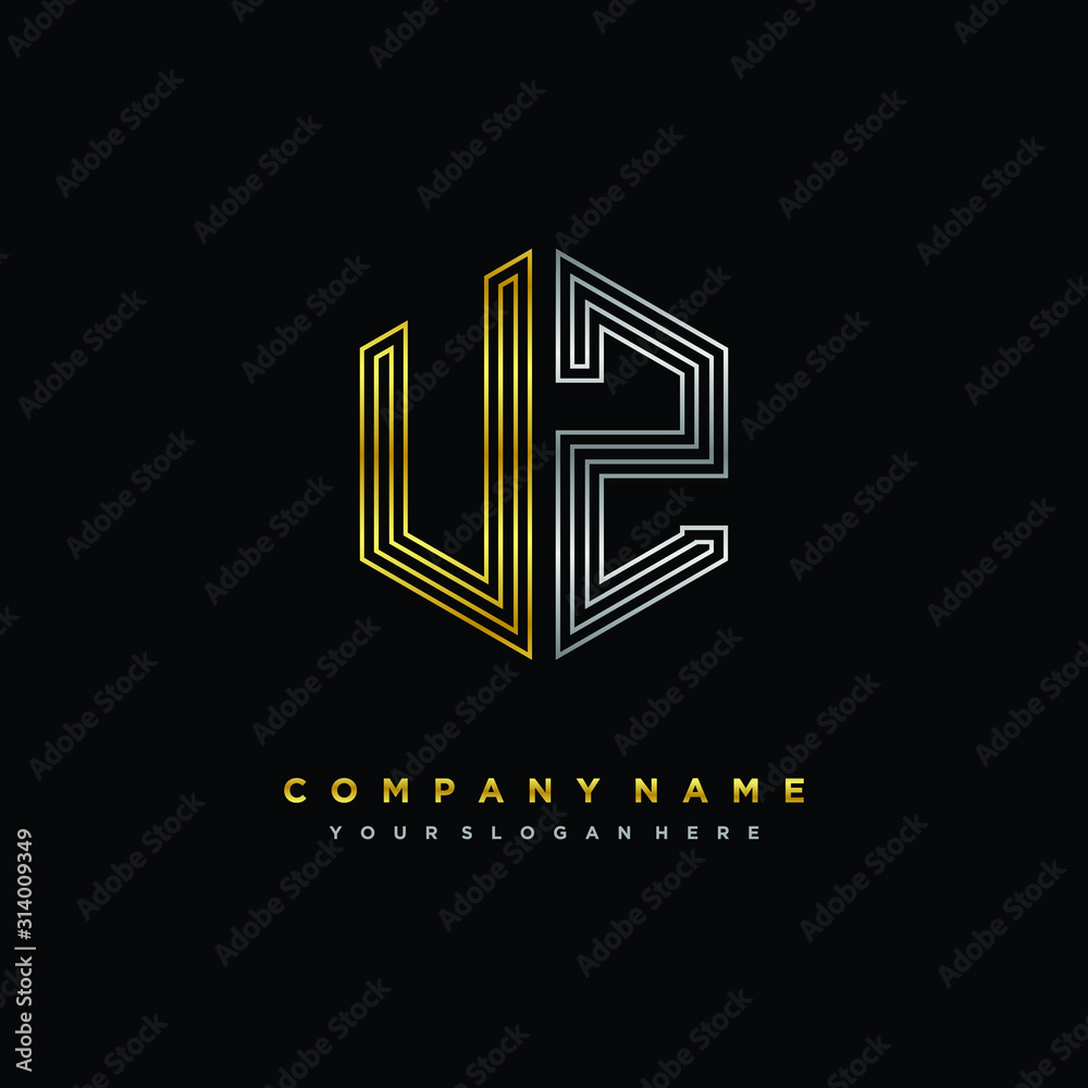 Initial letter UZ, minimalist line art monogram hexagon logo, gold and silver color gradation Initial letter UZ, minimalist line art monogram hexagon logo, gold and silver color gradation