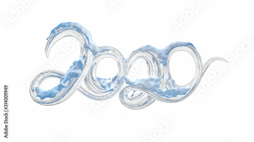 Happy New Year Banner with 2020 Numbers made by frozen ice with snow isolated on white Background. abstract 3d illustration creative lettering