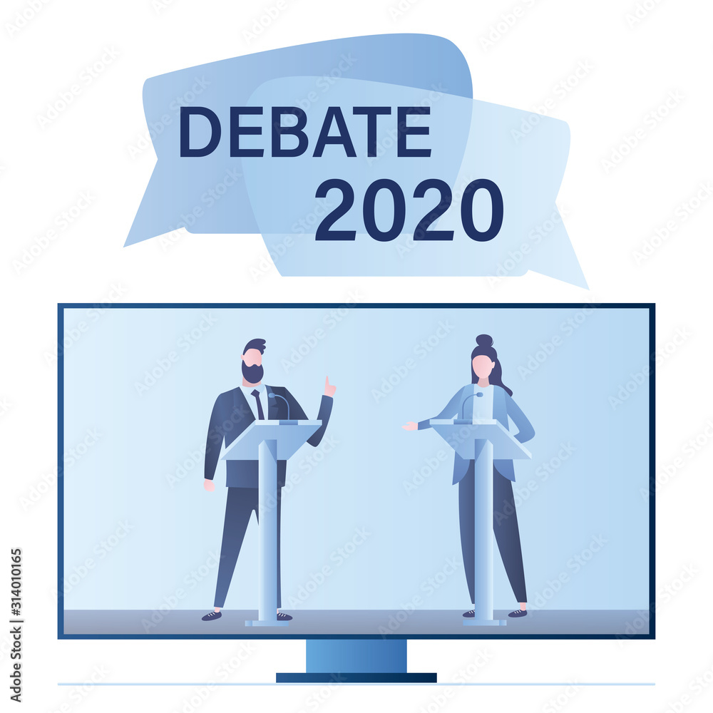 Open debates 2020 before Vote. TV screen with leaders of opposing political parties conducting intense discussion on public debates Open debates 2020 before Vote. TV screen with leaders of opposing political parties conducting intense discussion on public debates
