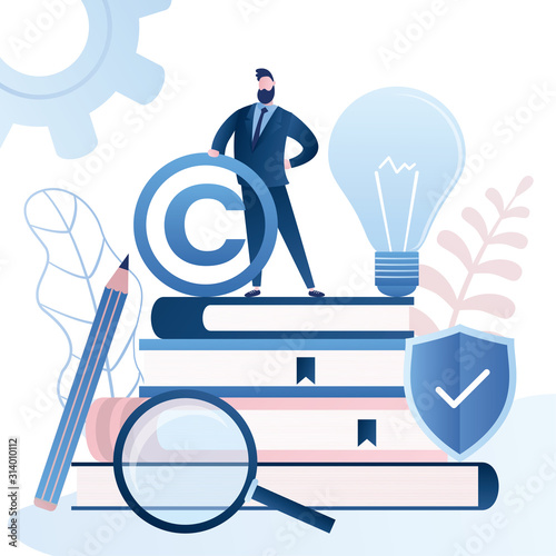 Patent Office, Bureau banner. Man clerk  holding Copyright symbol. Pile of books,idea bulb and protection shield.