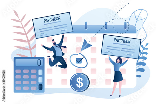 Calendar with payday, calculator and business people holding paycheck.Employees getting paycheck cash.