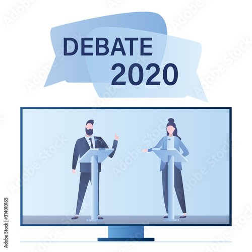 Open debates 2020 before Vote. TV screen with leaders of opposing political parties conducting intense discussion on public debates