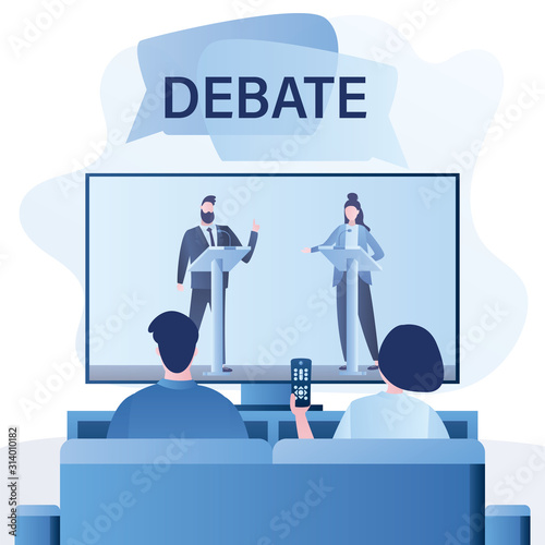 Love couple watch tv show with leaders of opposing political parties. People watching political debate