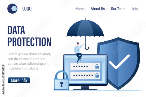 Data Protection landing page template. Businessman holding umbrella. Monitor screen with login and password.