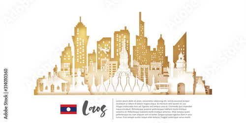 Laos Travel postcard, poster, tour advertising of world famous landmarks in paper cut style. Vectors illustrations