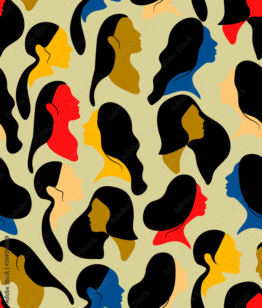 International Women's Day. Vector seamless pattern with women colorful faces. Flat illustration with colorful faces and black hair. Abstract art