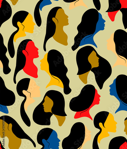 International Women's Day. Vector seamless pattern with women colorful faces. Flat illustration with colorful faces and black hair. Abstract art