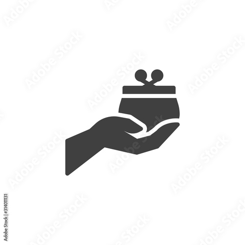 Hand holding a purse vector icon. filled flat sign for mobile concept and web design. Hand with wallet glyph icon. Symbol, logo illustration. Vector graphics