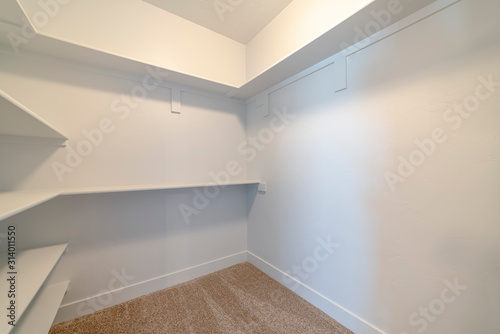 Empty white shelves inside a walk in cupboard