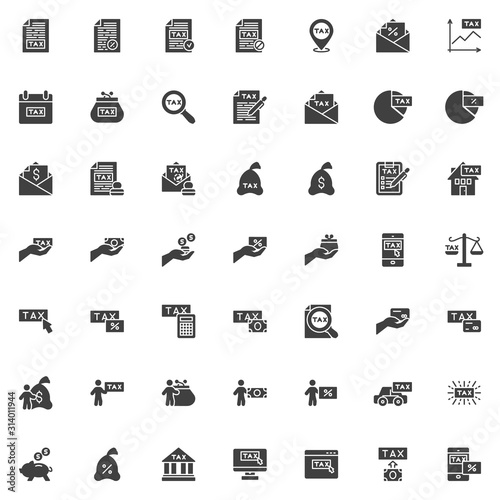 Tax payments vector icons set, modern solid symbol collection, filled style pictogram pack. Signs, logo illustration. Set includes icons as percentage paid, tax declaration, income taxation, money