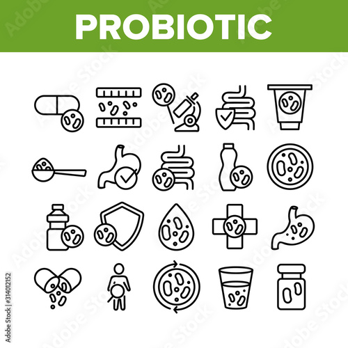 Probiotic Bacteria Collection Icons Set Vector Thin Line. Intestinal Flora And Intestinal, Healthy Yogurt And Intestine, Probiotic Concept Linear Pictograms. Monochrome Contour Illustrations