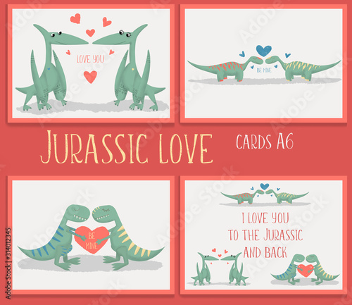 Card’s set of dinosaurs in love by February 14th. Tyrannosaur. Diplodocus. Pterosaur