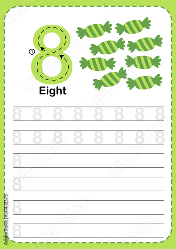 Learning Counting Number 8. Exercises for kids, A4 paper ready to print.