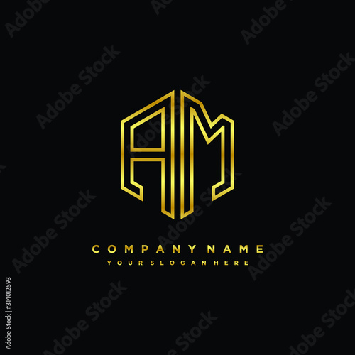 Initial letter AM, minimalist line art monogram hexagon logo, gold color