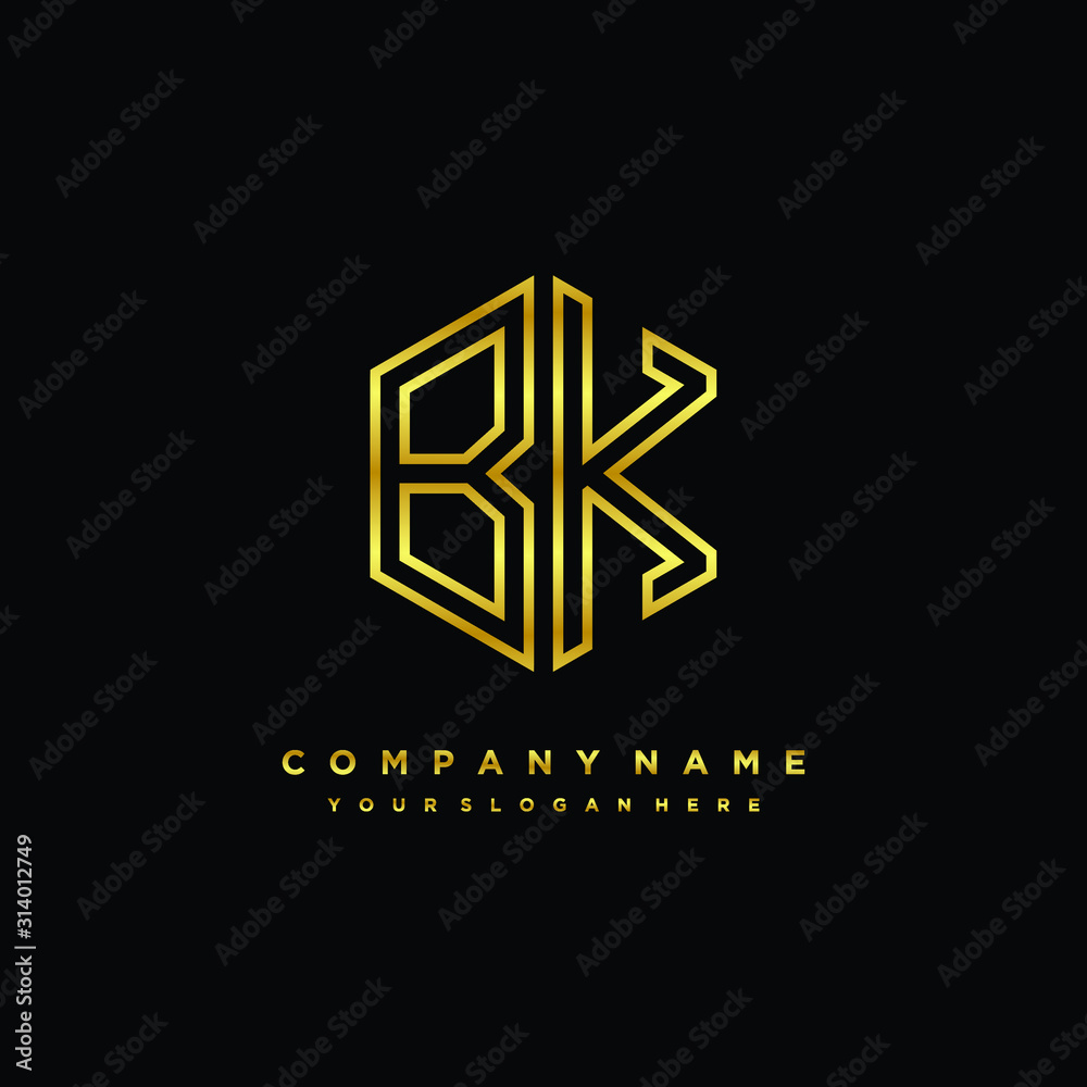 Initial letter BK, minimalist line art monogram hexagon logo, gold color Initial letter BK, minimalist line art monogram hexagon logo, gold color