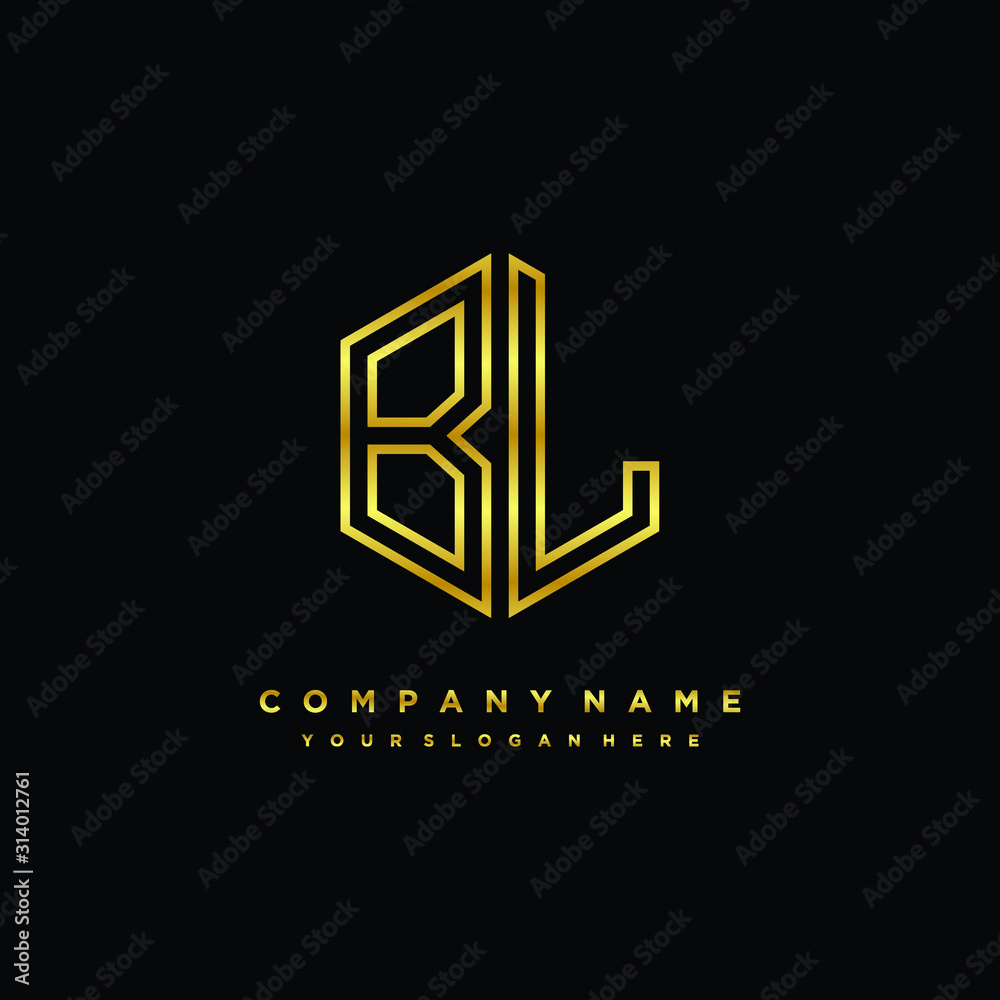 Initial letter BL, minimalist line art monogram hexagon logo, gold color Initial letter BL, minimalist line art monogram hexagon logo, gold color