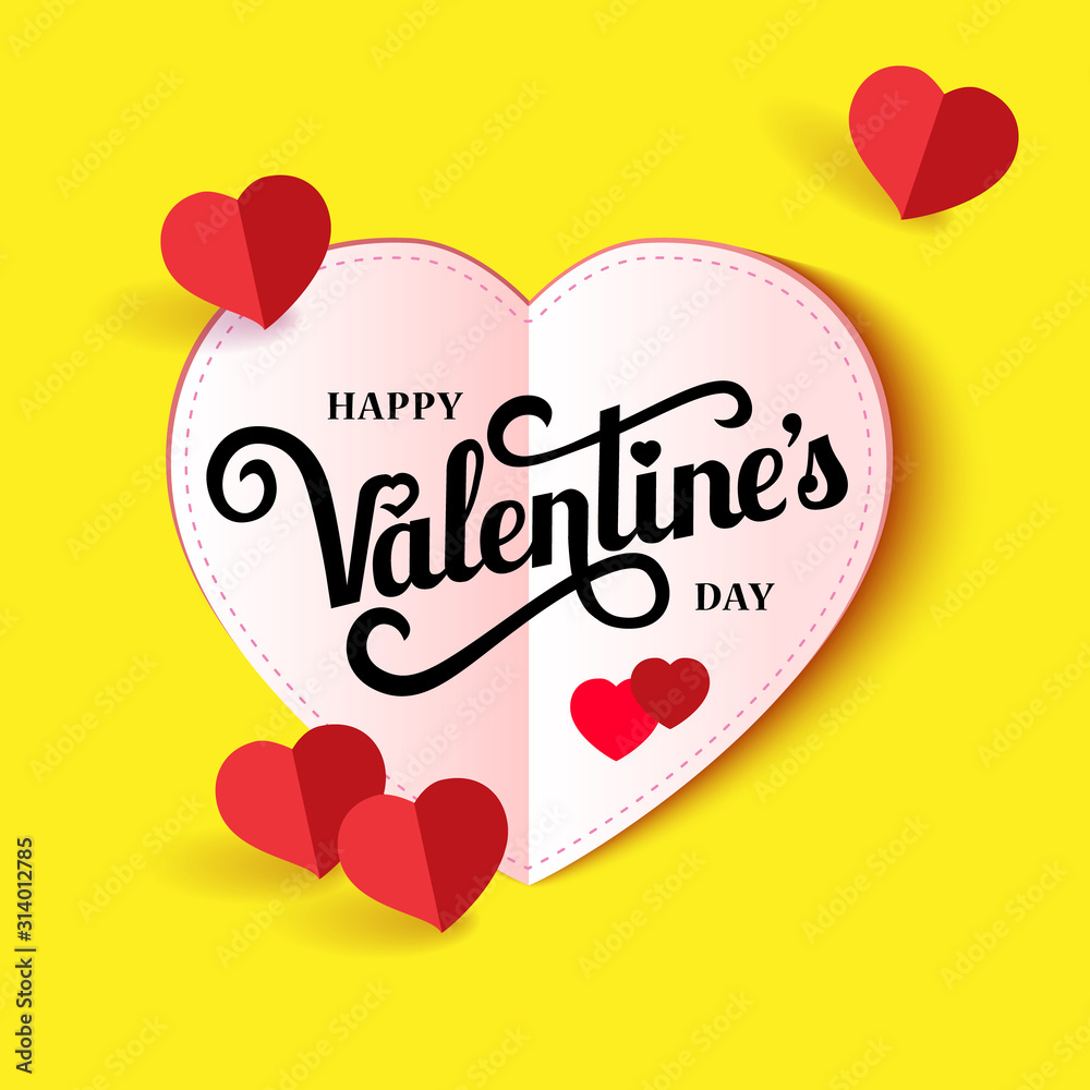 Design banner with lettering Happy Valentines Day. Valentines sale. Paper heart on bright background with small red hearts. Vector illustration.