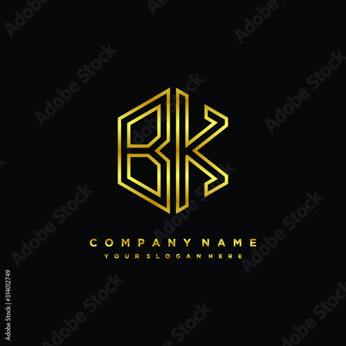 Initial letter BK, minimalist line art monogram hexagon logo, gold color