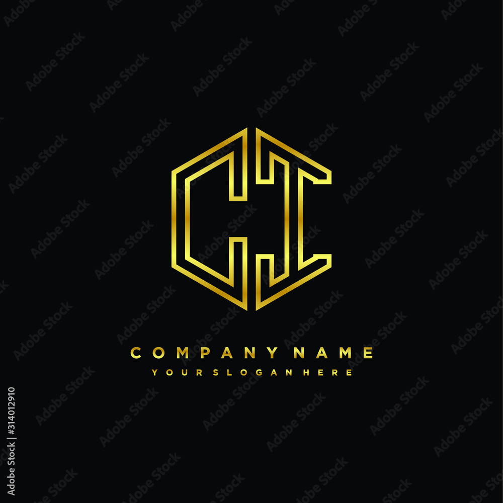 Initial letter CI, minimalist line art monogram hexagon logo, gold color