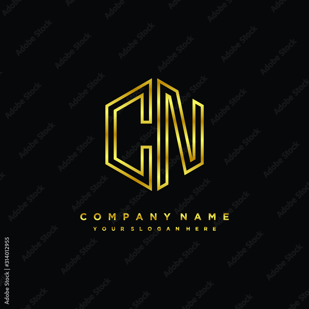 Initial letter CN, minimalist line art monogram hexagon logo, gold color