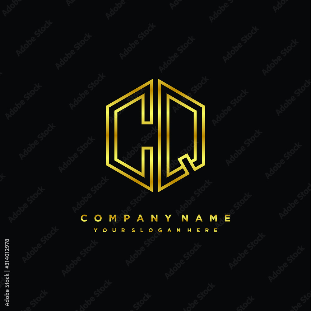 Initial letter CQ, minimalist line art monogram hexagon logo, gold color Initial letter CQ, minimalist line art monogram hexagon logo, gold color