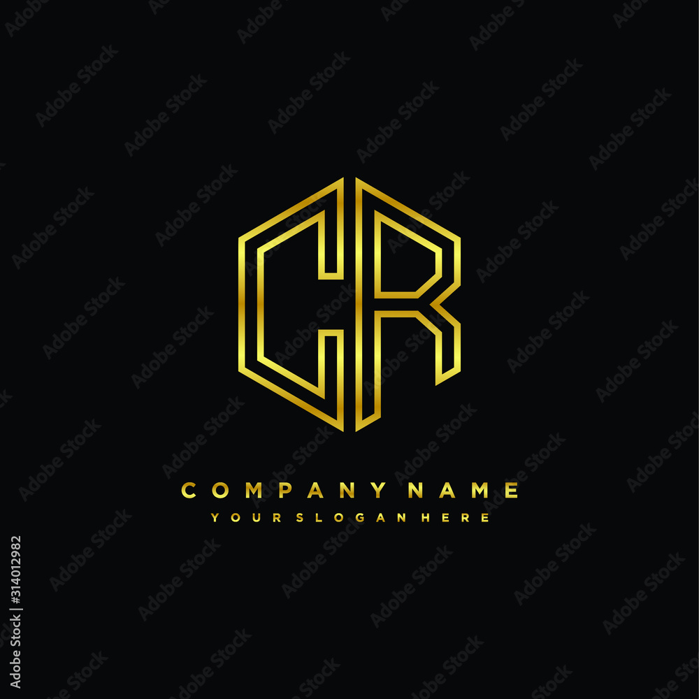 Initial letter CR, minimalist line art monogram hexagon logo, gold color Initial letter CR, minimalist line art monogram hexagon logo, gold color