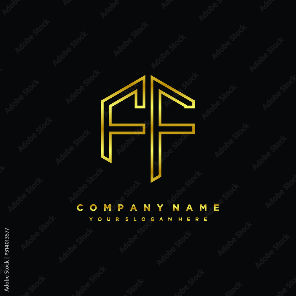 Initial letter FF, minimalist line art monogram hexagon logo, gold color