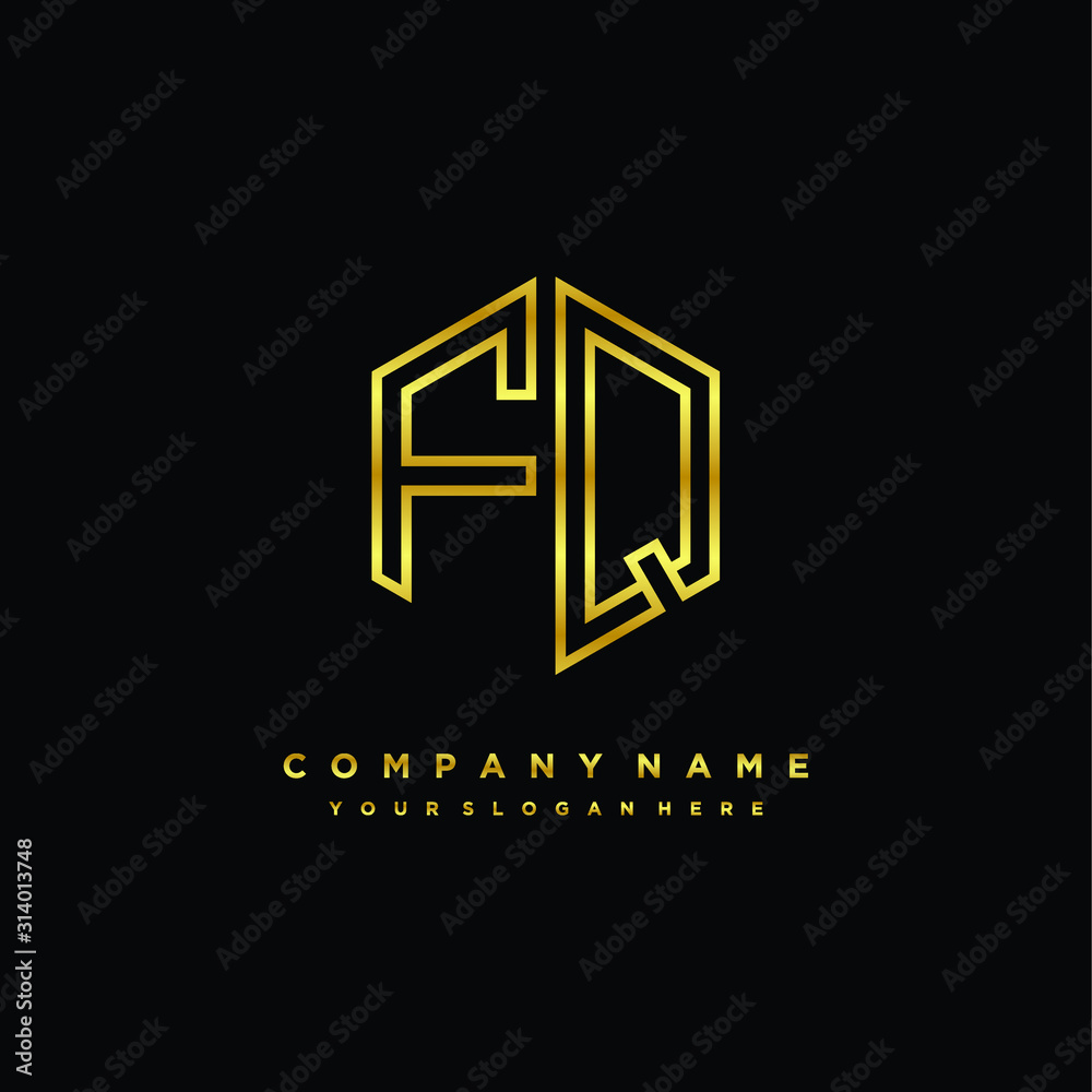 Initial letter FQ, minimalist line art monogram hexagon logo, gold color Initial letter FQ, minimalist line art monogram hexagon logo, gold color