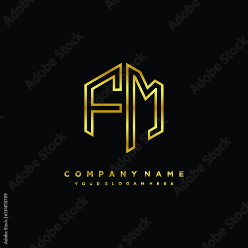 Initial letter FM, minimalist line art monogram hexagon logo, gold color